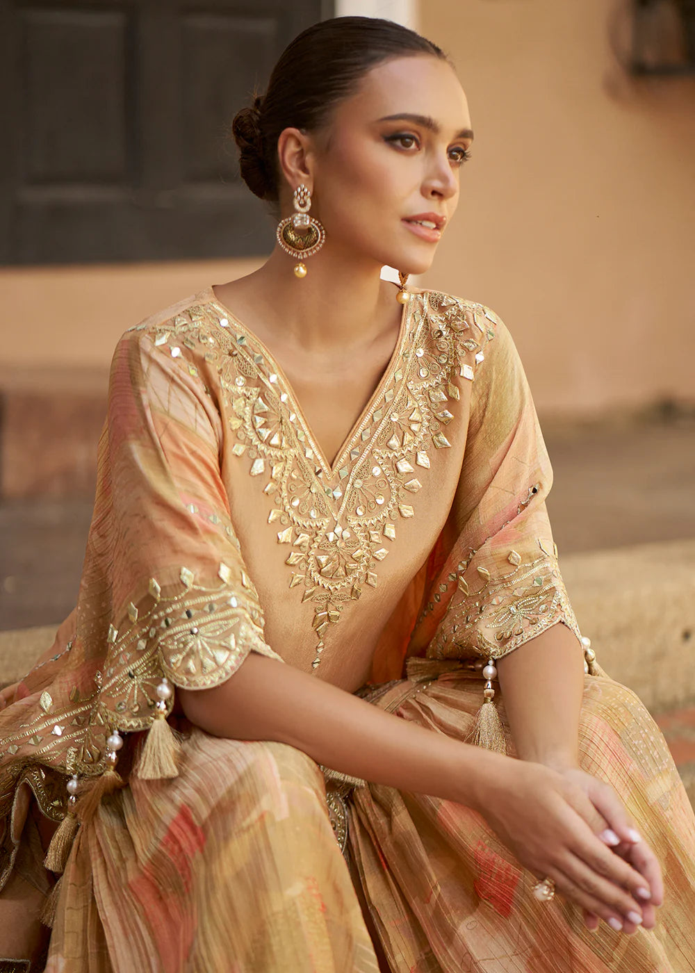 Golden Brown Poncho Style Sharara Suit For Punjabi Wedding
