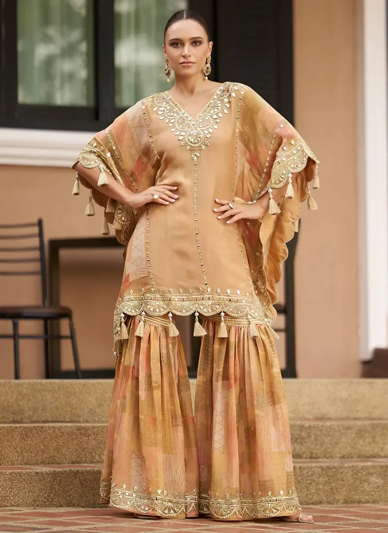 Golden Brown Poncho Style Sharara Suit For Punjabi Wedding