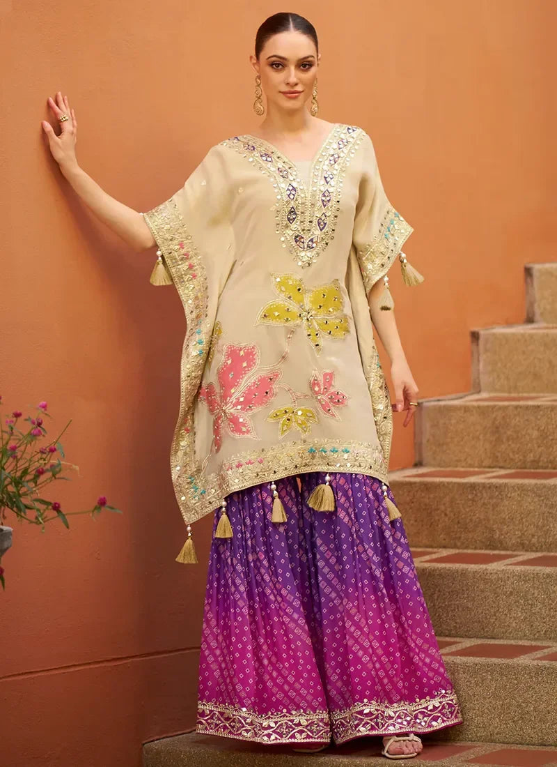 Cream & Purple Poncho Style Sharara Suit with Floral Embroidery for Pakistani Wedding
