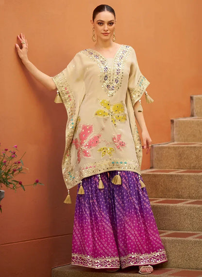 Cream & Purple Poncho Style Sharara Suit with Floral Embroidery for Pakistani Wedding