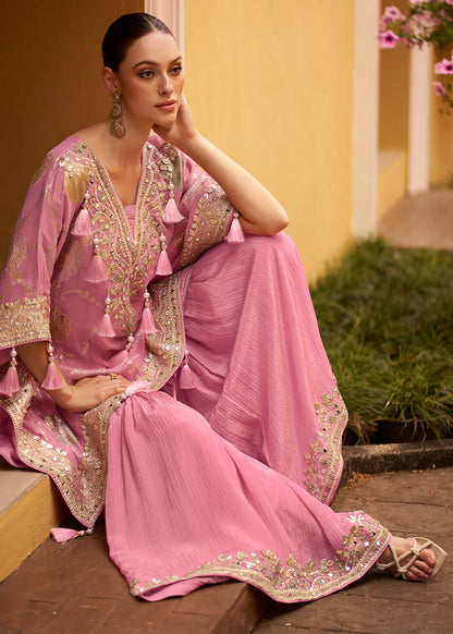 Designer Party Wear Pink Poncho Style Sharara Suit