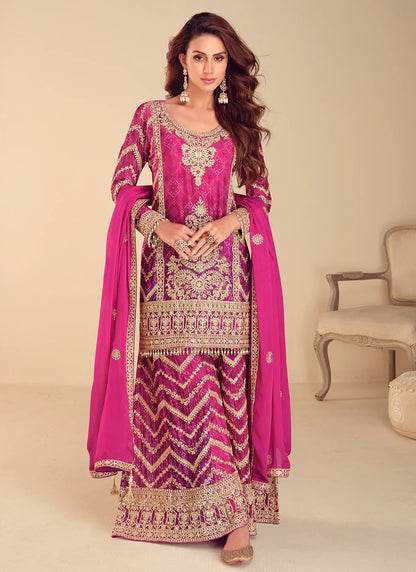 Designer Pink & Gold Chinnon Embroidered Sharara Suit with Dupatta