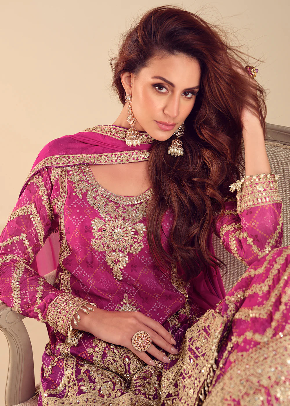 Designer Pink & Gold Chinnon Embroidered Sharara Suit with Dupatta