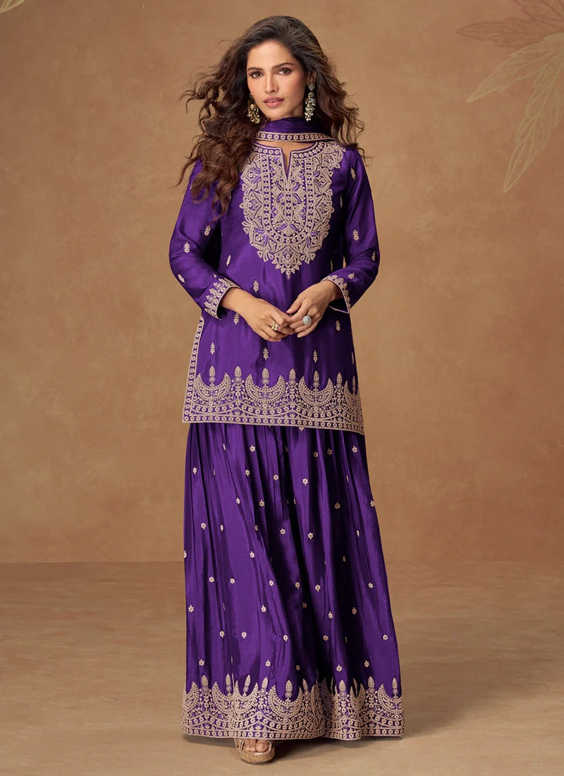 Designer Purple Chinon Embroidered Sharara Suit with Dupatta For Indian Wedding