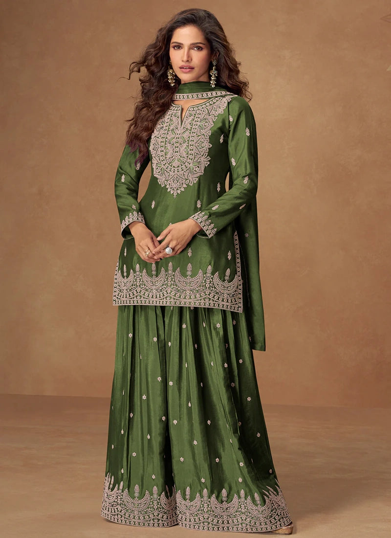 Designer Readymade Green Chinon Embroidered Sharara Suit For Pakistani Wedding