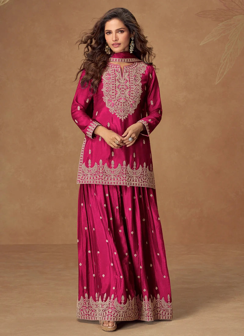 Designer Rani Pink Chinon Embroidered Sharara Suit For Punjabi Wedding