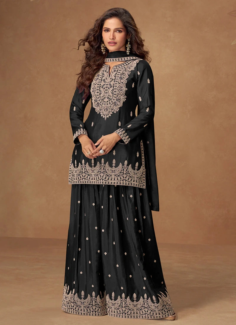 Designer Black Chinon Embroidered Party Wear Sharara Suit