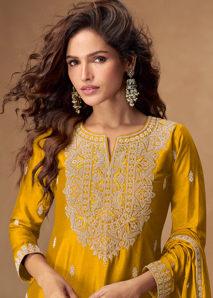 Designer Mustard Yellow Chinon Embroidered Sharara Suit For Haldi Ceremony