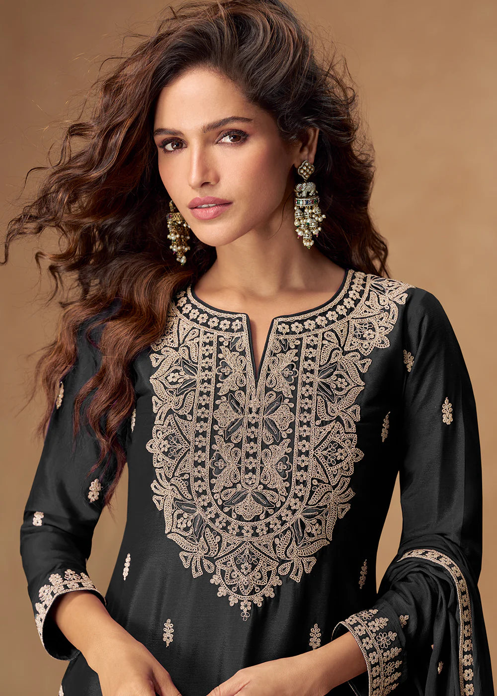 Designer Black Chinon Embroidered Party Wear Sharara Suit