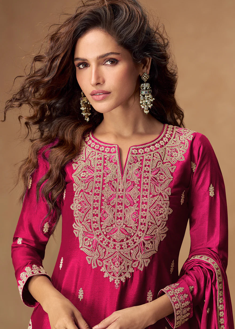 Designer Rani Pink Chinon Embroidered Sharara Suit For Punjabi Wedding