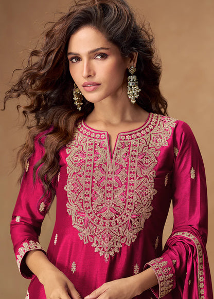 Designer Rani Pink Chinon Embroidered Sharara Suit For Punjabi Wedding