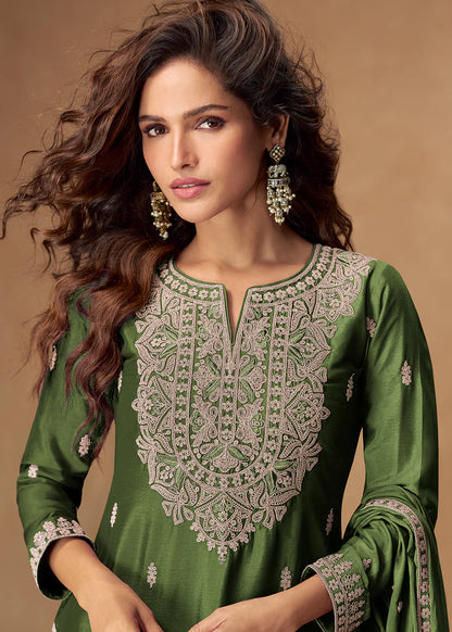 Designer Readymade Green Chinon Embroidered Sharara Suit For Pakistani Wedding