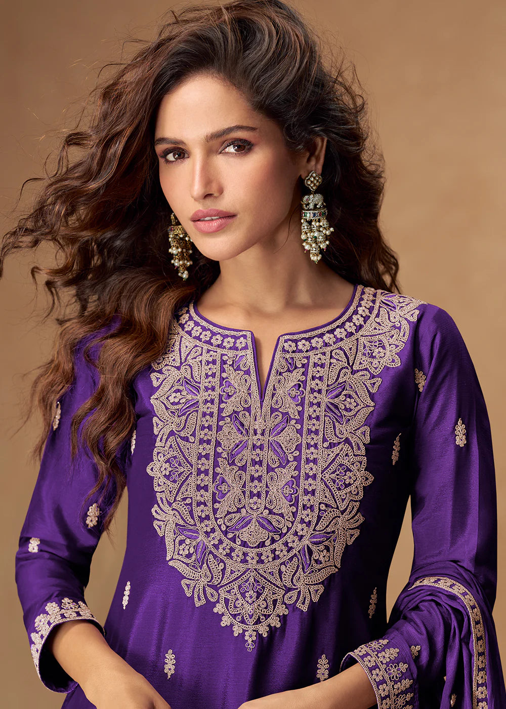 Designer Purple Chinon Embroidered Sharara Suit with Dupatta For Indian Wedding
