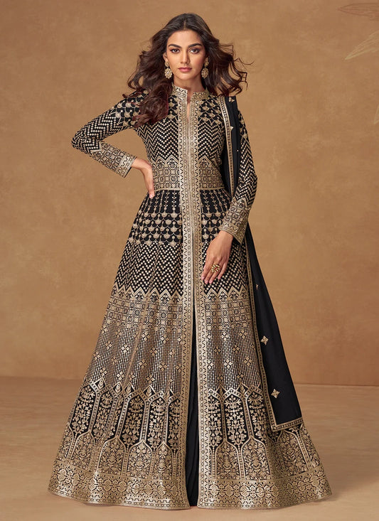 Black Heavy Embroidered Georgette Anarkali Suit for Pakistani & Punjabi Festive Wear