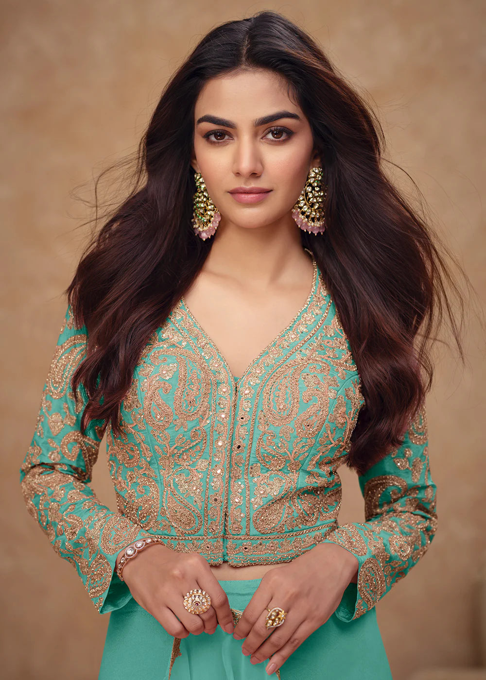 Designer Aqua Teal Embroidered Simar Silk Co-ord Palazzo Set with Dupatta