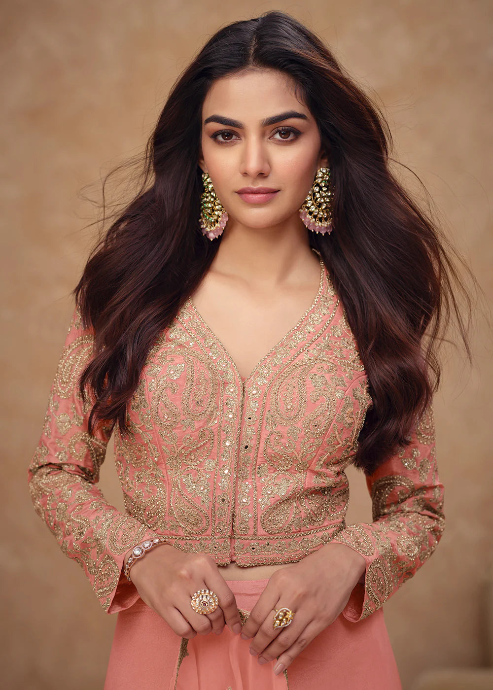 Designer Rose Peach Embroidered Simar Silk Co-ord Palazzo Set with Dupatta