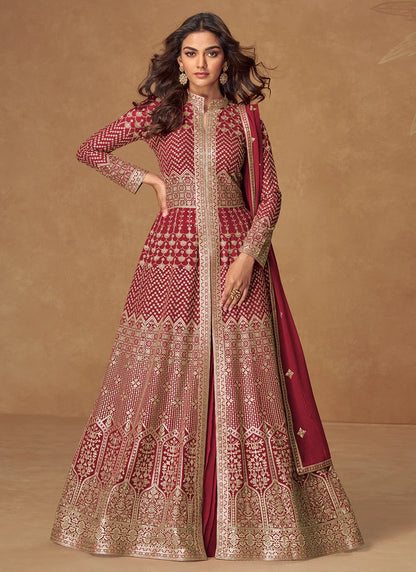 Red Embroidered Georgette Anarkali Suit for Indian & Pakistani Festive Wear