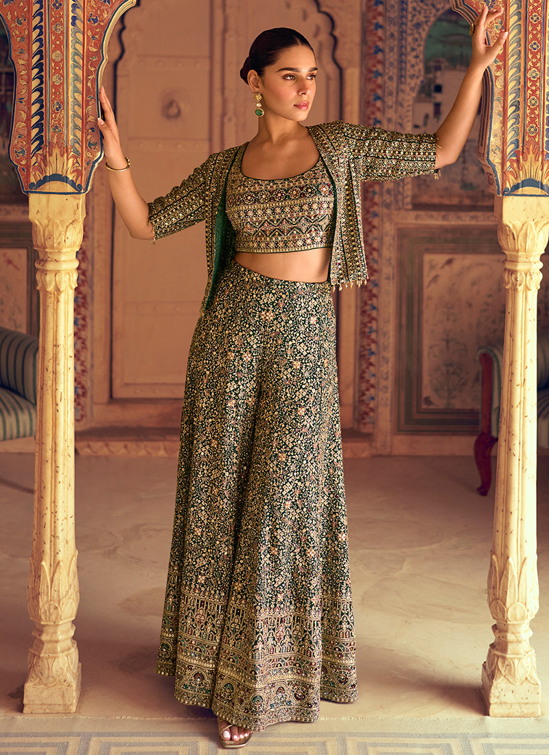 Designer Green Georgette Jacket & Crop Top Style Indo Western Suit