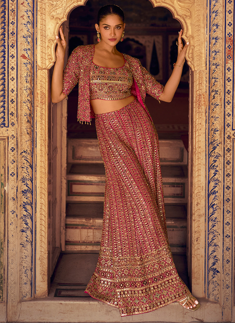 Designer Rani Pink Georgette Jacket & Crop Top Style Indo Western Suit