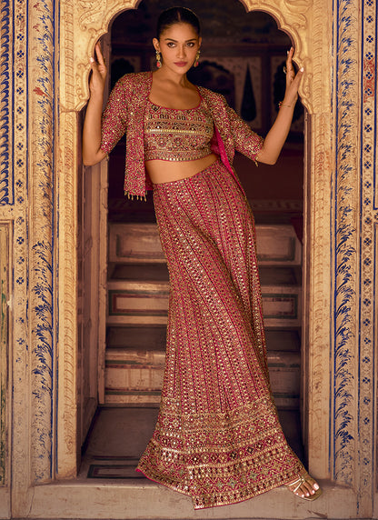 Designer Rani Pink Georgette Jacket & Crop Top Style Indo Western Suit