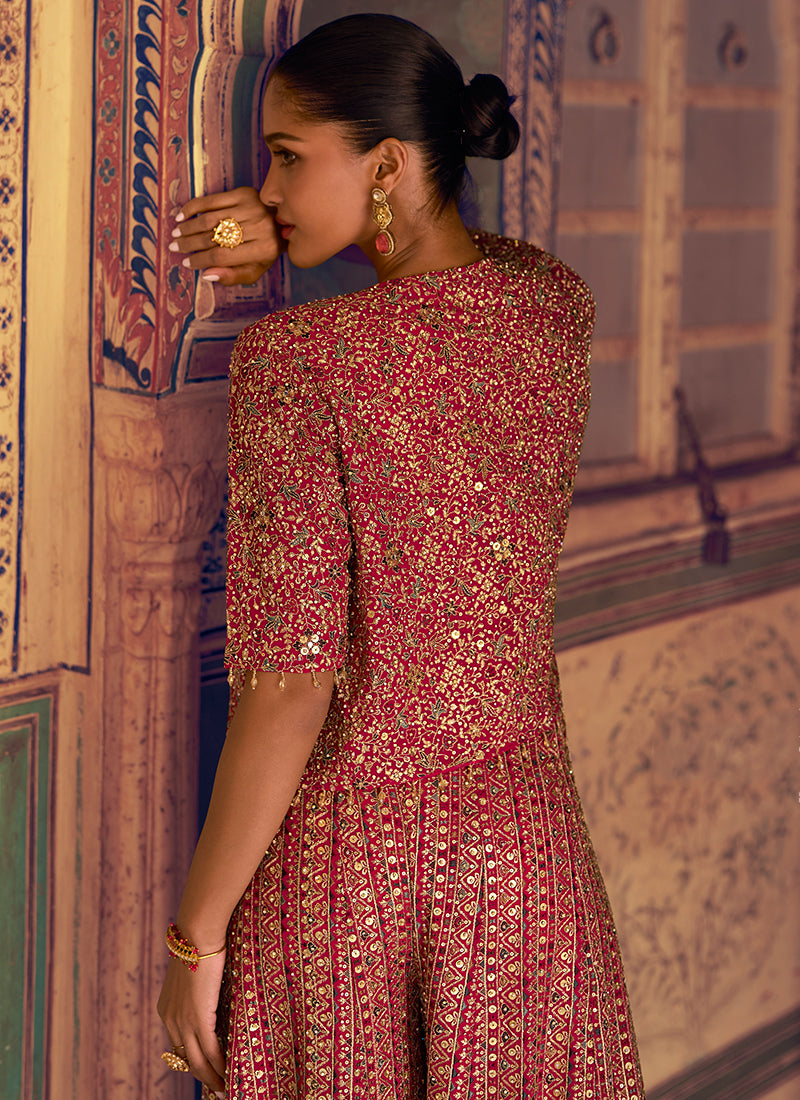 Designer Rani Pink Georgette Jacket & Crop Top Style Indo Western Suit