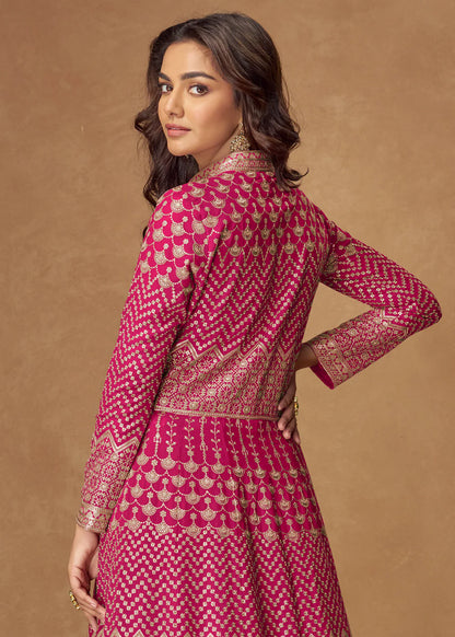 Rani Pink Embroidered Georgette Anarkali Suit for Indian & Pakistani Weddings