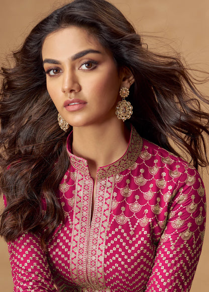 Rani Pink Embroidered Georgette Anarkali Suit for Indian & Pakistani Weddings