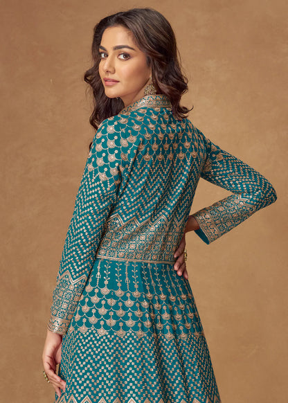 Turquoise Blue Embroidered Georgette Anarkali Suit for Indian & Pakistani Weddings