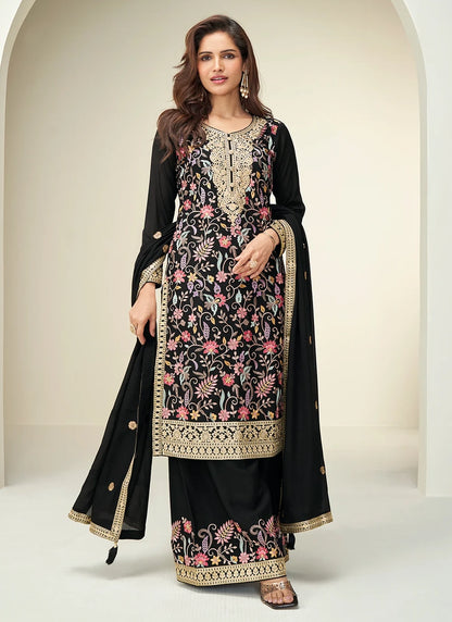 Designer Black Embroidered Chinon Silk Palazzo Suit with Dupatta – Perfect for Indian, Pakistani & Punjabi Weddings