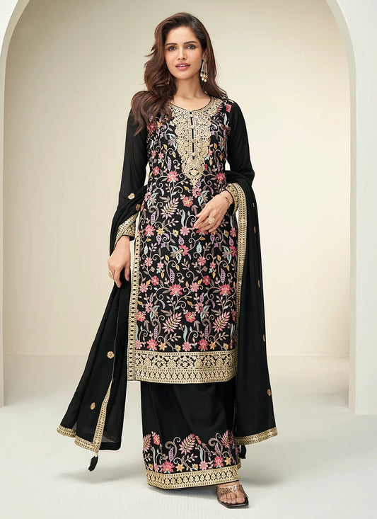 Designer Black Embroidered Chinon Silk Palazzo Suit with Dupatta – Perfect for Indian, Pakistani & Punjabi Weddings
