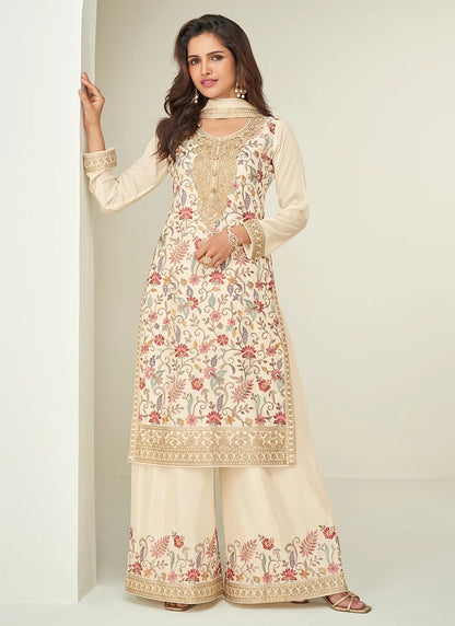 Designer Beige Embroidered Chinon Silk Palazzo Suit with Dupatta