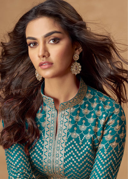Turquoise Blue Embroidered Georgette Anarkali Suit for Indian & Pakistani Weddings