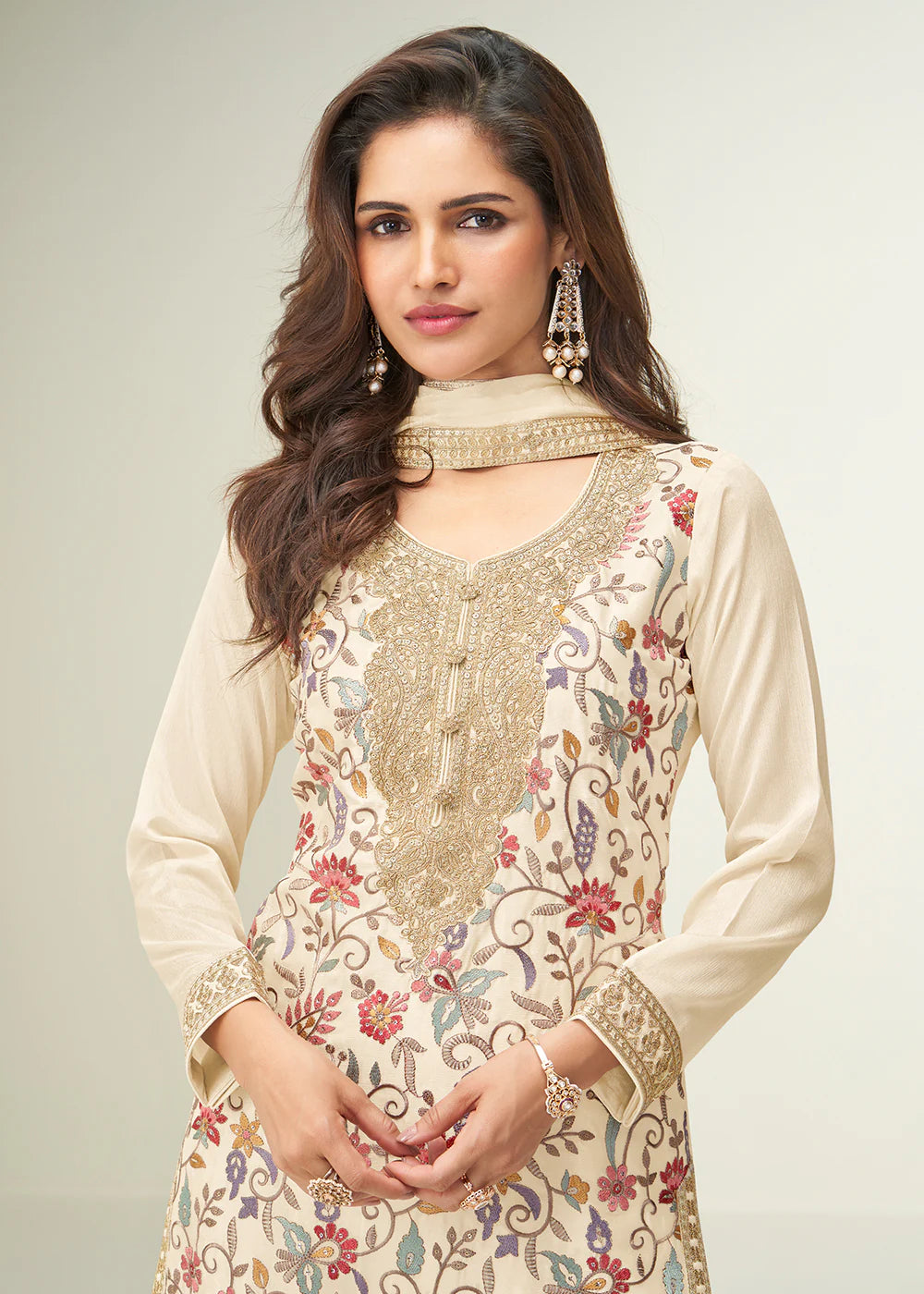Designer Beige Embroidered Chinon Silk Palazzo Suit with Dupatta