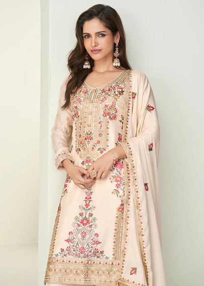 Designer Beige Embroidered Chinon Silk Palazzo Suit with Dupatta