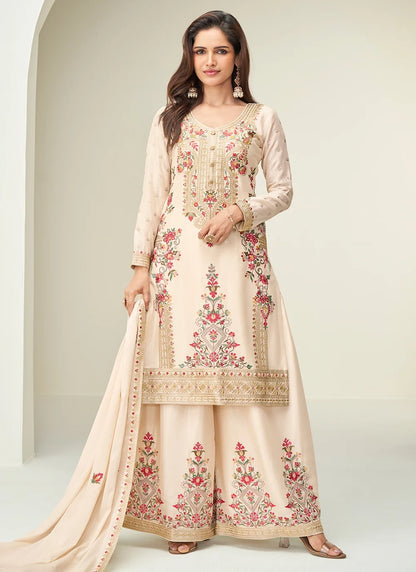 Designer Beige Embroidered Chinon Silk Palazzo Suit with Dupatta