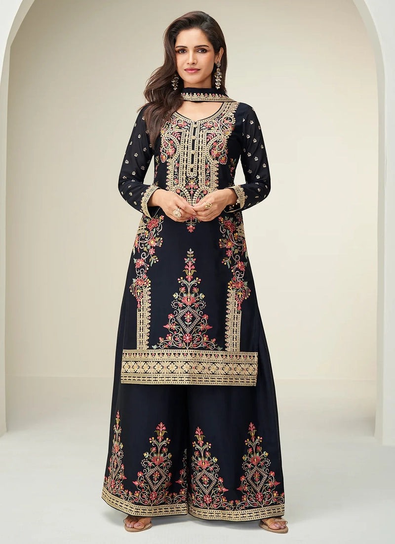 Designer Black Embroidered Chinon Silk Palazzo Suit with Dupatta