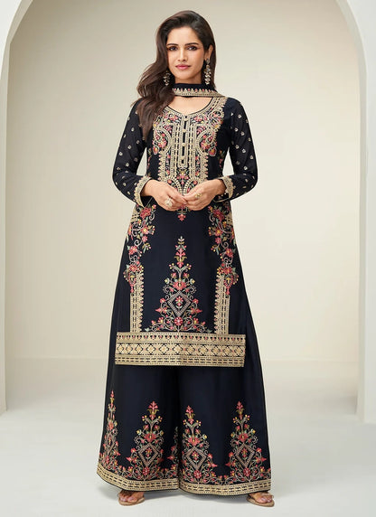 Designer Black Embroidered Chinon Silk Palazzo Suit with Dupatta