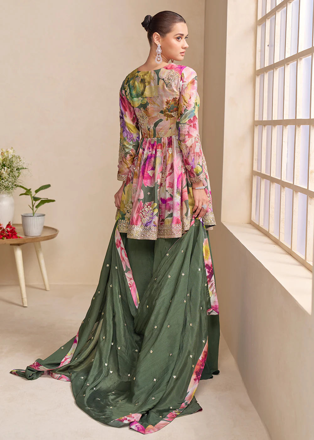 Olive Green Floral Chinon Peplum Sharara Suit with Dupatta