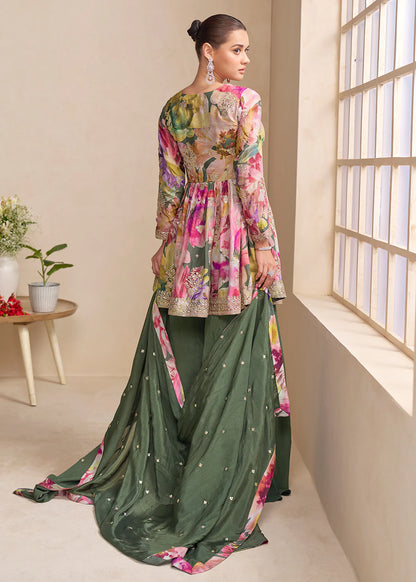 Olive Green Floral Chinon Peplum Sharara Suit with Dupatta
