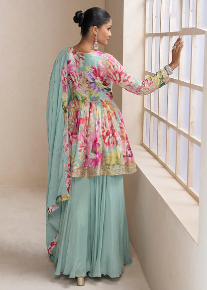 Pastel Sea Green Floral Chinon Peplum Sharara Suit with Dupatta