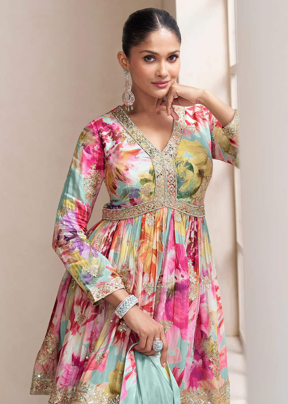 Pastel Sea Green Floral Chinon Peplum Sharara Suit with Dupatta