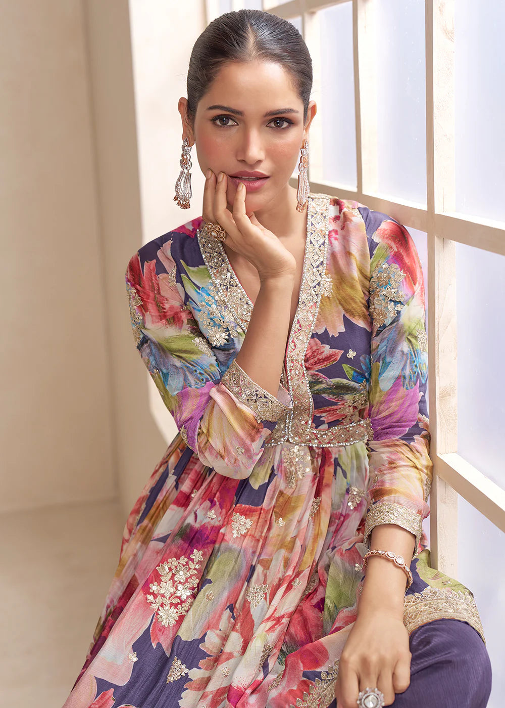 Designer Lavender Purple Floral Chinon Peplum Sharara Suit with Dupatta