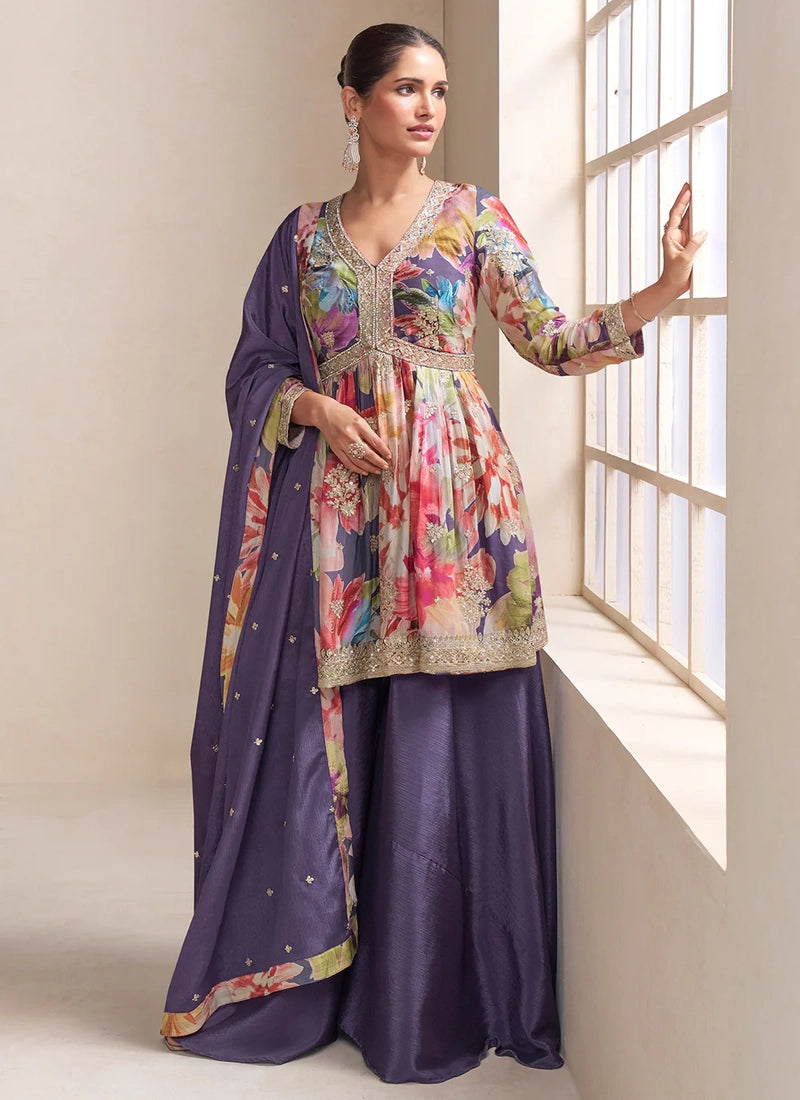 Designer Lavender Purple Floral Chinon Peplum Sharara Suit with Dupatta