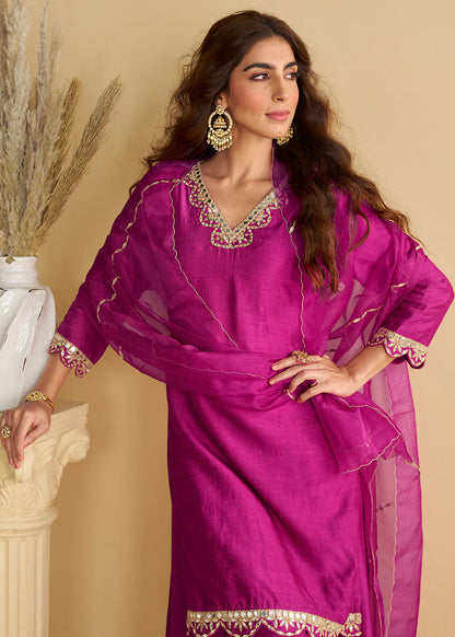 Magenta Pink Real Silk Embroidered Palazzo Suit with Organza Dupatta