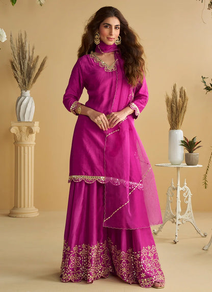 Magenta Pink Real Silk Embroidered Palazzo Suit with Organza Dupatta