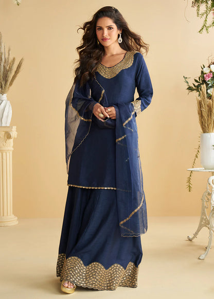 Navy Blue Premium Silk Embroidered Palazzo Suit with Organza Dupatta