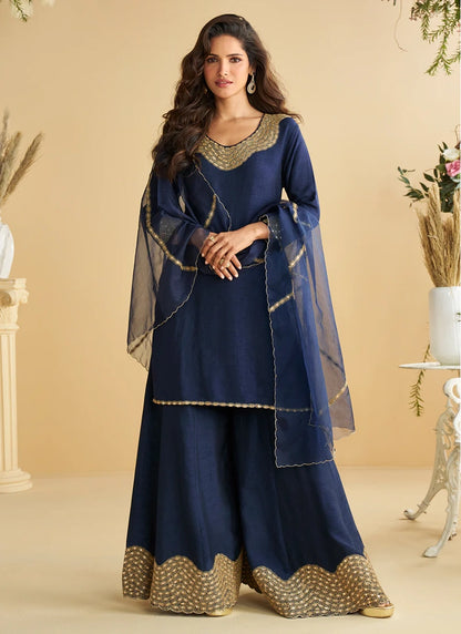 Navy Blue Premium Silk Embroidered Palazzo Suit with Organza Dupatta