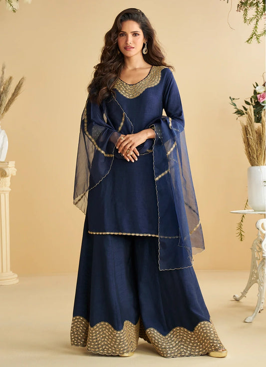 Navy Blue Premium Silk Embroidered Palazzo Suit with Organza Dupatta