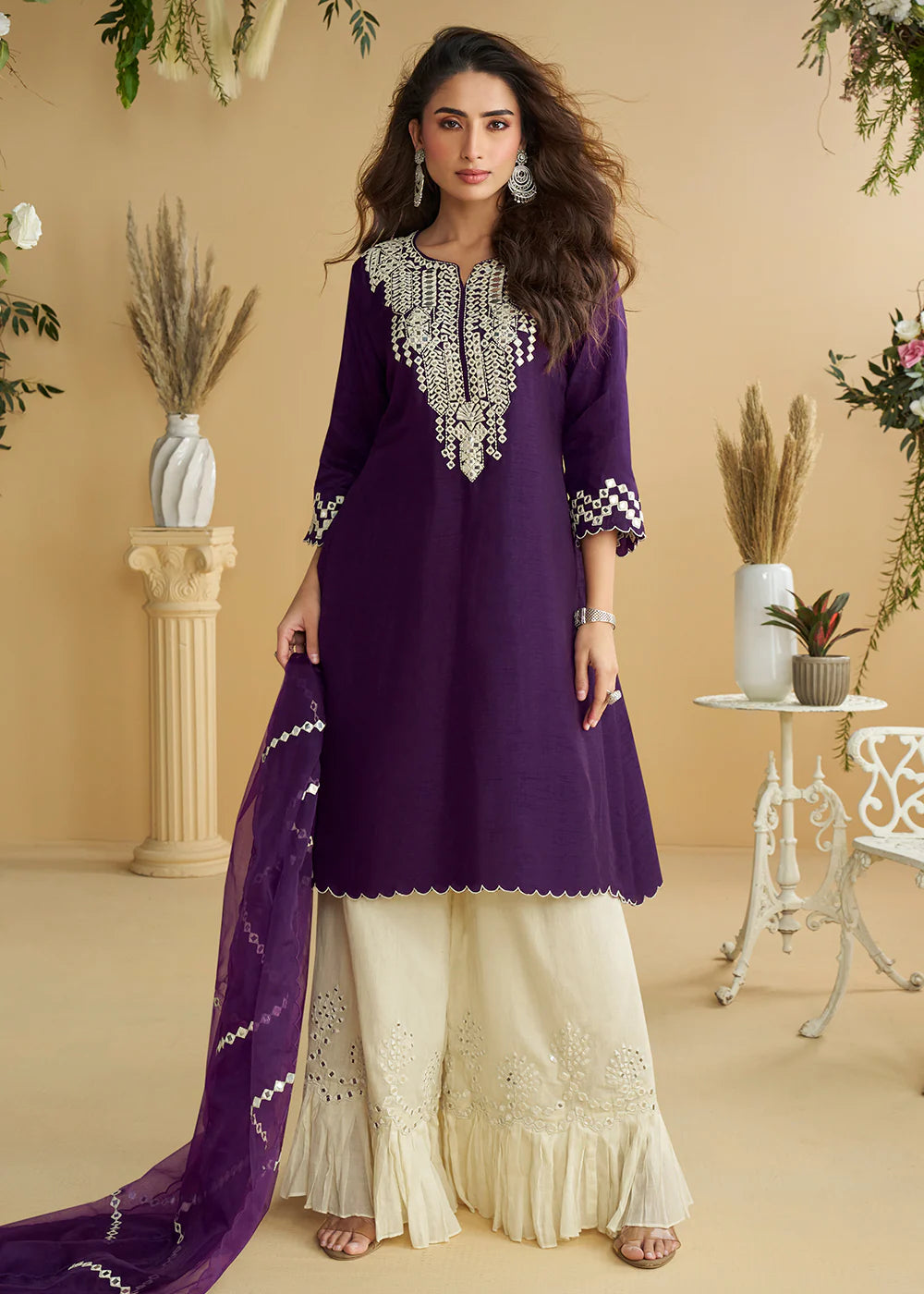 Purple & Ivory Cream Premium Real Silk Embroidered Palazzo Suit with Organza Dupatta