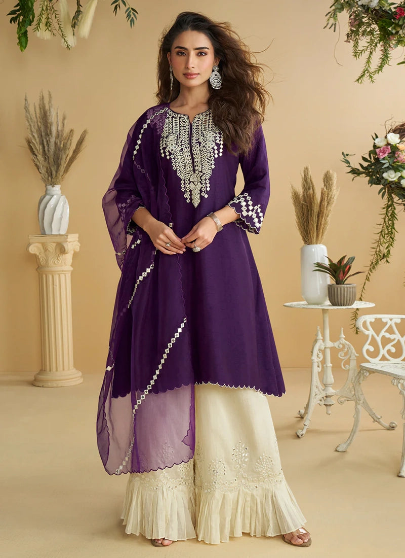 Purple & Ivory Cream Premium Real Silk Embroidered Palazzo Suit with Organza Dupatta